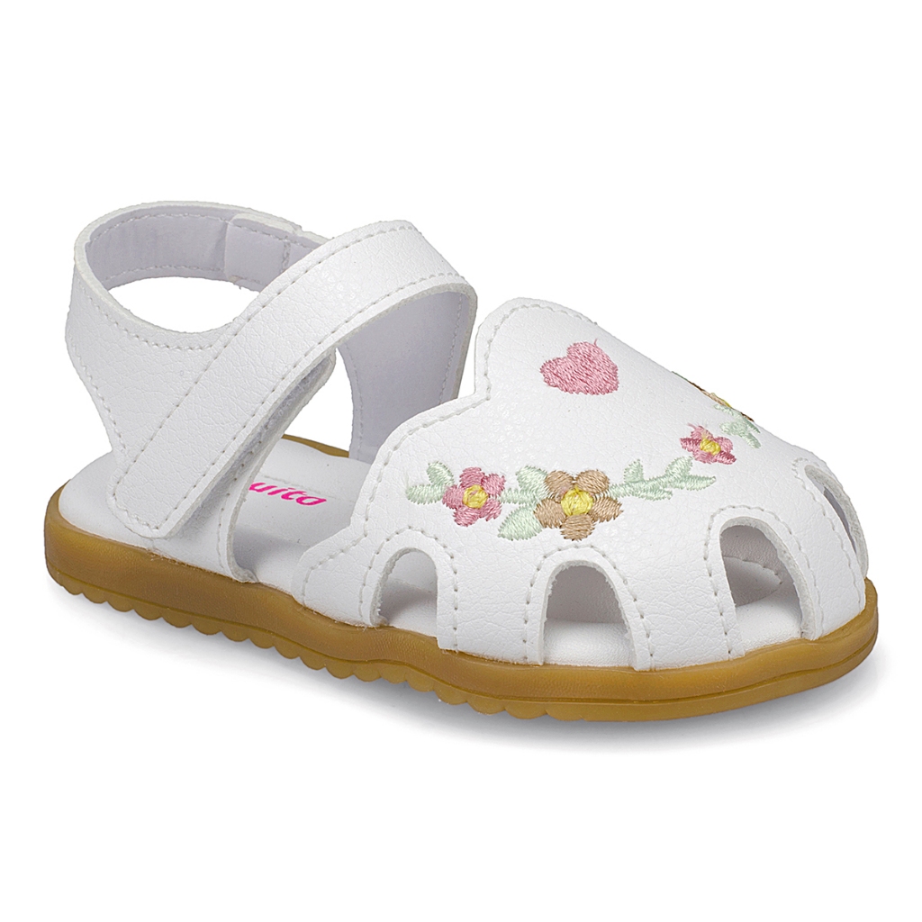 Sandália Infantil Baby Menina Floral Coração Bordado 95314 Pequito
