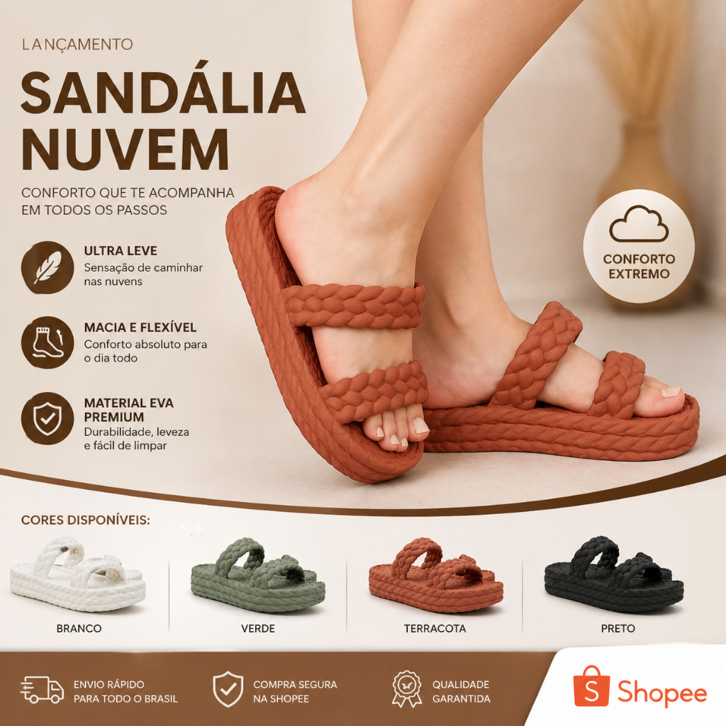 Sandália Feminina Duas Tiras Trançadas Plataforma Antiderrapante Confortável PVC Premium Leve Casual
