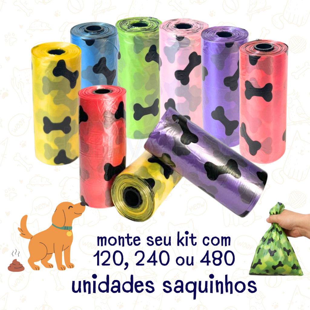 Refil Kit 120,240,480 ou 720un de Saquinho de cocô/cata-caca higienico cachorro gato pet Reciclável