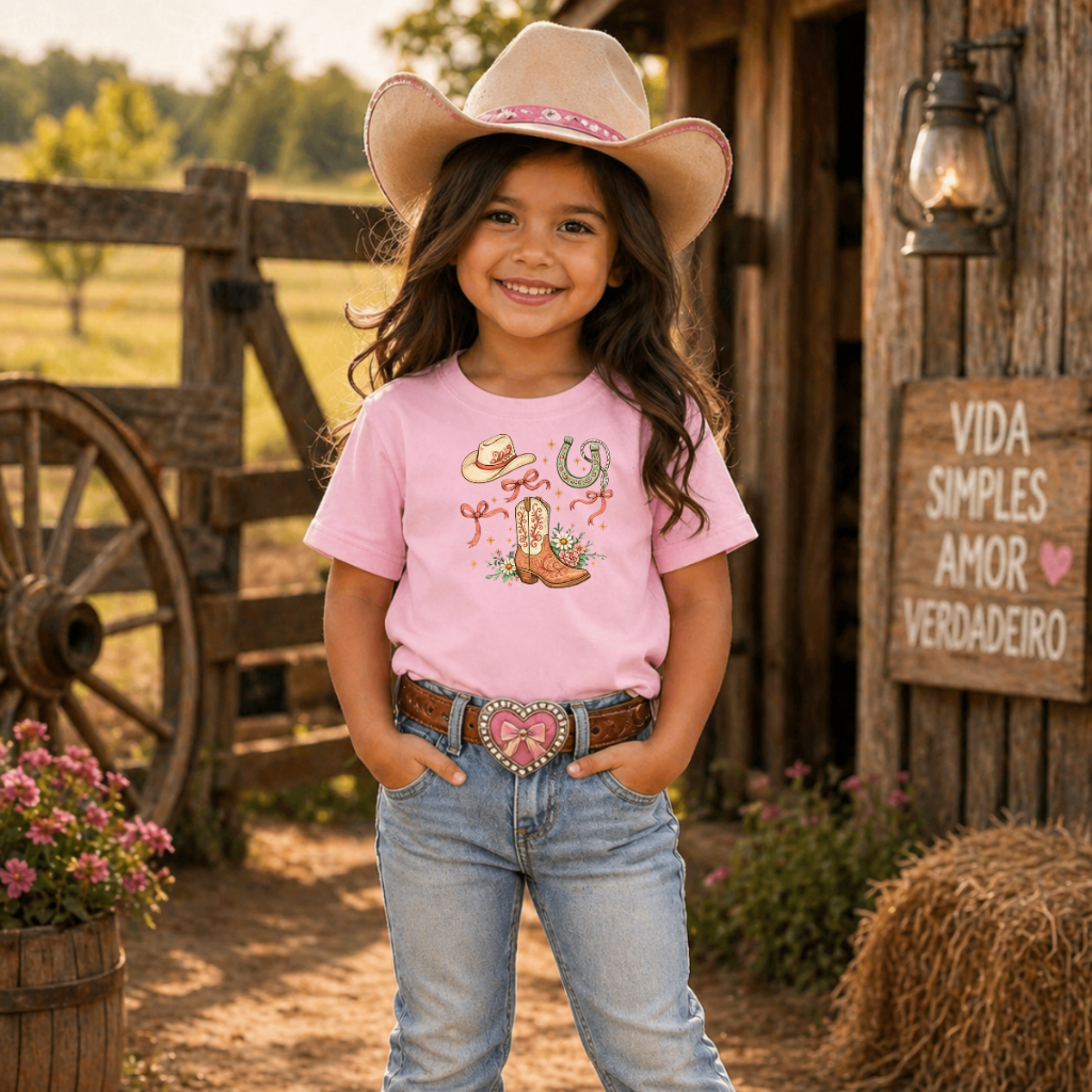 Camiseta Infantil Feminina Menina Bota Chapéu Ferradura 100% Algodão Estampada Em DTF Agro Tendencia
