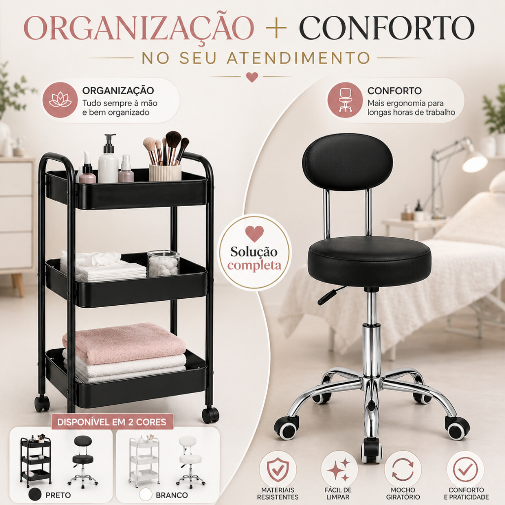 Cadeira Pop Mocho Giratória e Carrinho Multiuso Organizador Monte Seu Kit Esteticista
