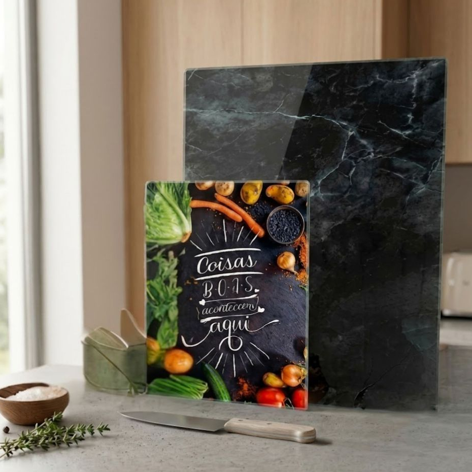 Tábua de Corte Vidro Temperado Estampas e Tamanhos Variados Para Carne Frios Frutas Churrasco