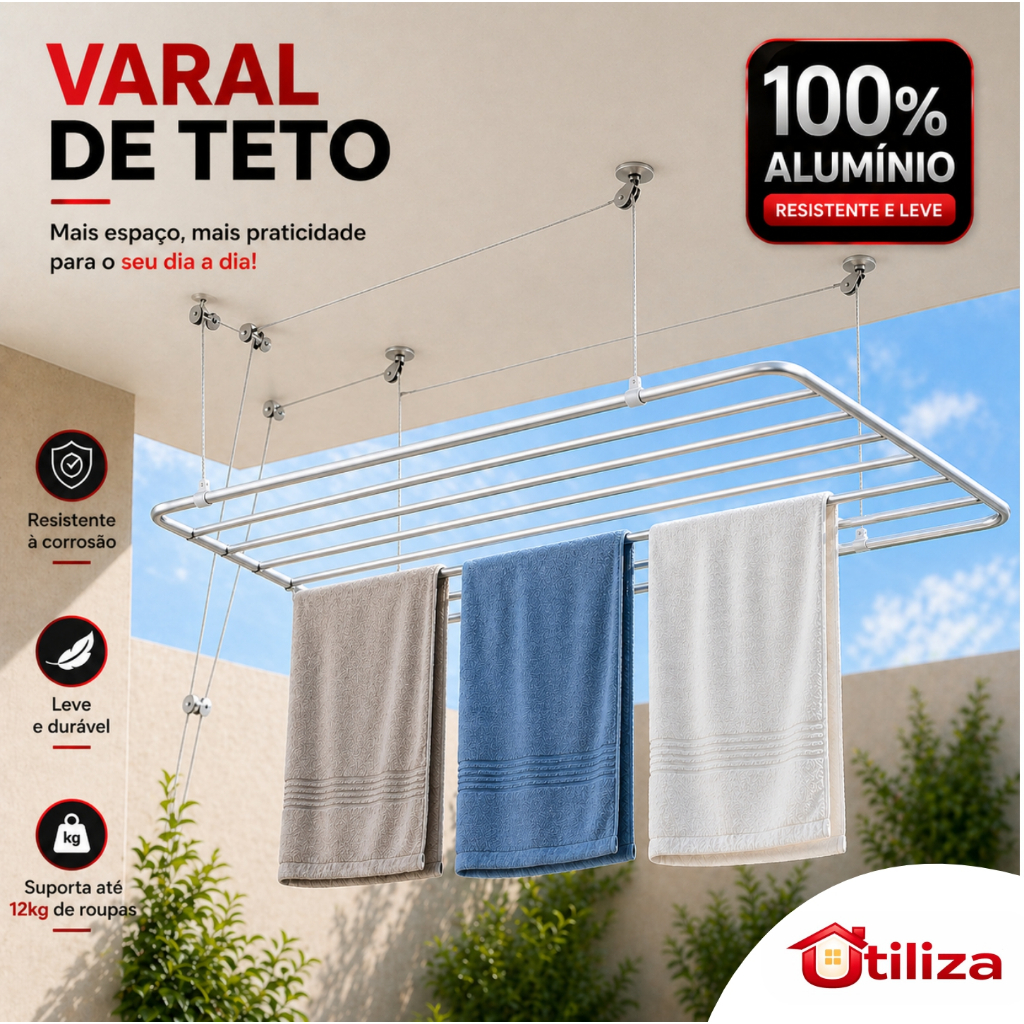 Varal de Teto Alumínio ou Aço Vários Tamanhos C/ Parafusos Para Fixação