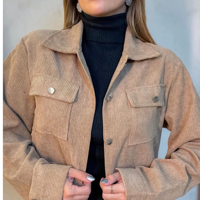 Jaqueta Casual abotoamento simples bolsos na frenti moda femenina  veludo cotele