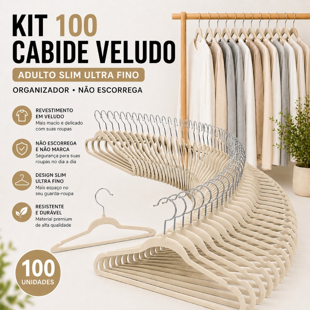 Kit 100 Cabide De Veludo Adulto Resistente Organizador Roupas Antideslizante