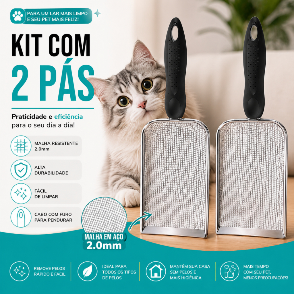 KIT com 2 Pás Higiênicas para Gatos Aço Inox Durável – Peneira Coletora de Areia Rápida e Fácil Limpeza