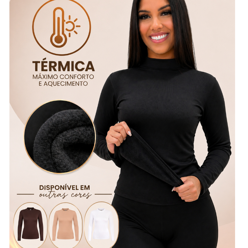 Blusa Feminina Manga Longa Gola Alta Peluciada Cacharrel com Modelagem que Valoriza o Corpo