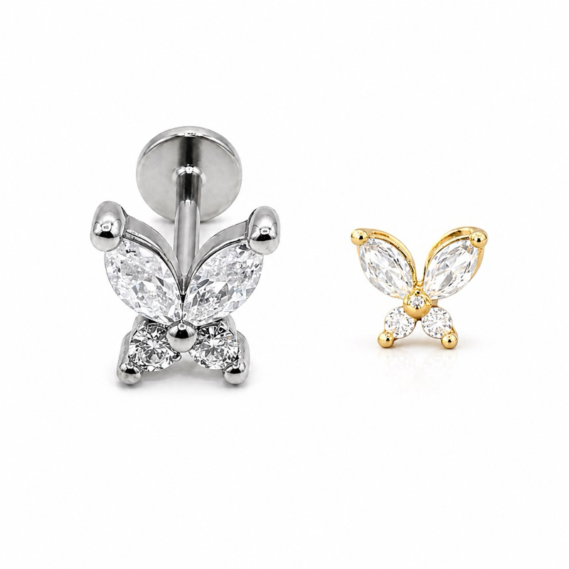 Piercing Borboleta Dourado ou Prata Cravejado Zircônia Aço Cirúrgico Labret  Tragus  Helix  Delicado