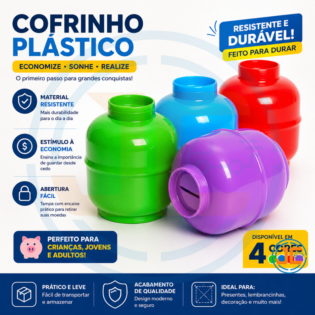 Kit 3 Cofre Botijão Cofrinho Plástico Grande Resistente Poupar Moedas Nota Para Crianças Adulto
