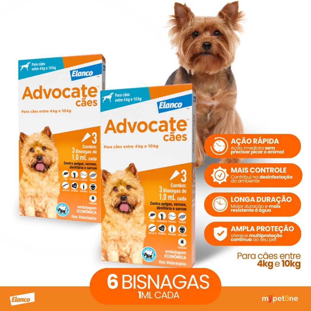 Kit 2 Antipulgas Advocate Elanco 1,0 mL para Cães de 4 Kg até 10 Kg - 3 Bisnagas
