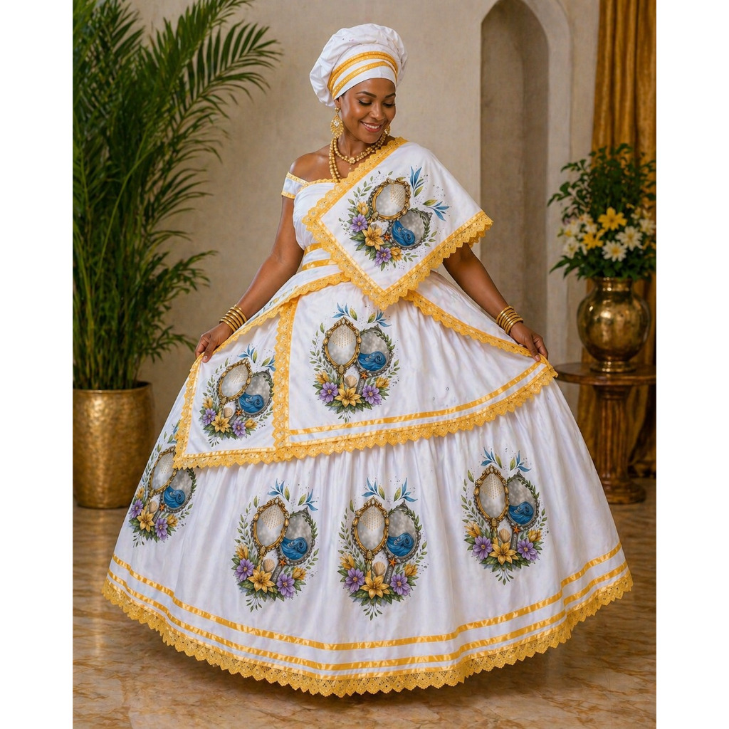 ROUPA OXUM COM YEMANJA - BAIANA OSUN E IEMANJA PARA CANDOMBLÉ E UMBANDA - BAIANA DE SANTO - SAIA COM 5 MTS RODA