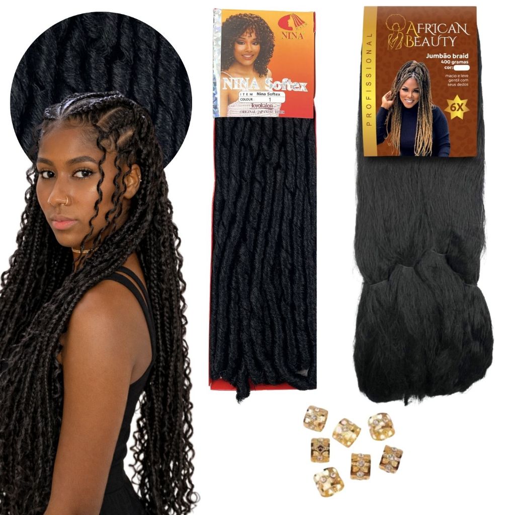Kit Gypsy Braid Goddess Crochet Nina Cachos Fibra Japonesa 100g e Jumbo Tranças Afro