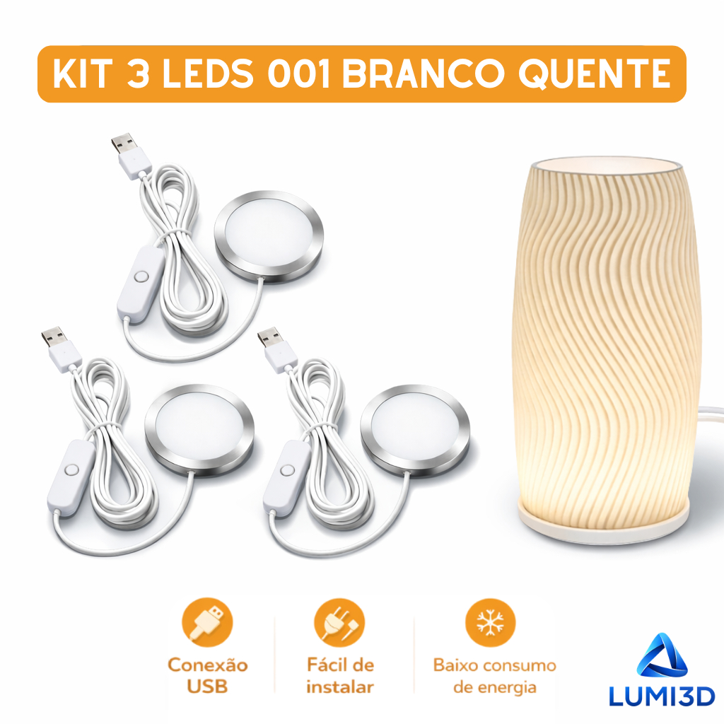 Kit 3x LED 001 Branco Quente USB 5V para Impressora 3D Bambu Lab Projeto DIY