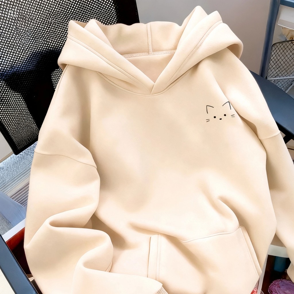 Detalhes do Moletom para Frio Feminina com Capuz e Gato Delicado no Peito Moda Confortável e Moderna