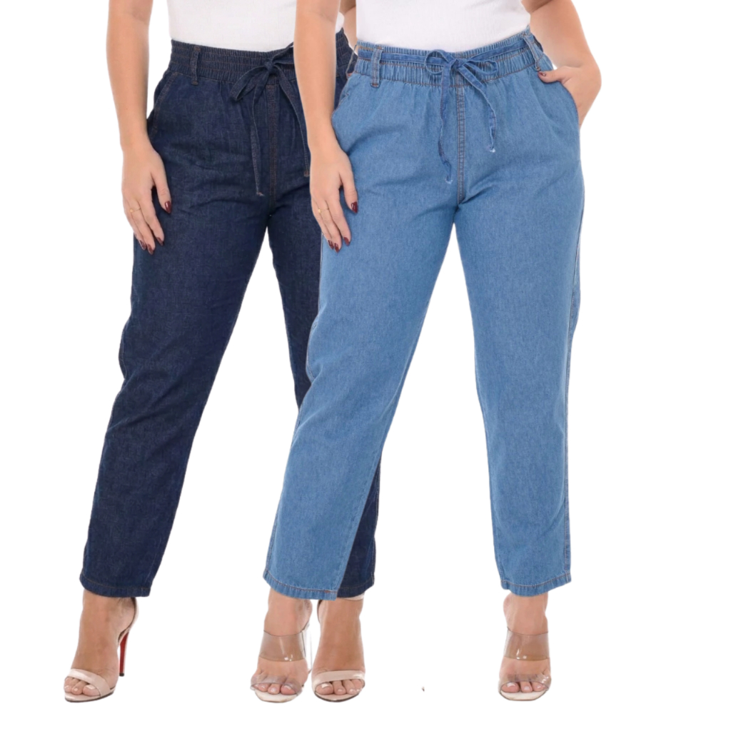 Calça Jeans Feminina Folgada Cintura Alta Capri Tecido Leve Confortável