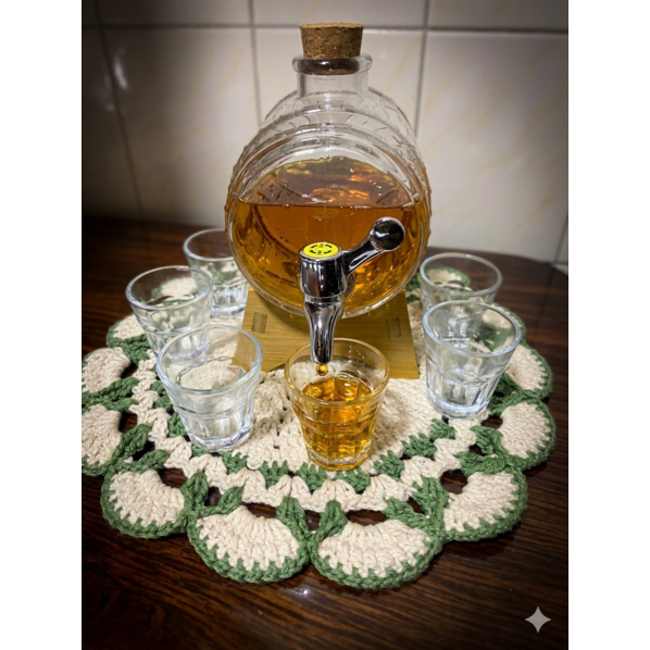 BARRIL DE VIDRO PARA  BEBIDAS ,CACHAÇA, VINHO E LICOR COM SUPORTE DE MADEIRA DE 1 LITRO ACOMPANHA 6 COPINHO DE DOSE