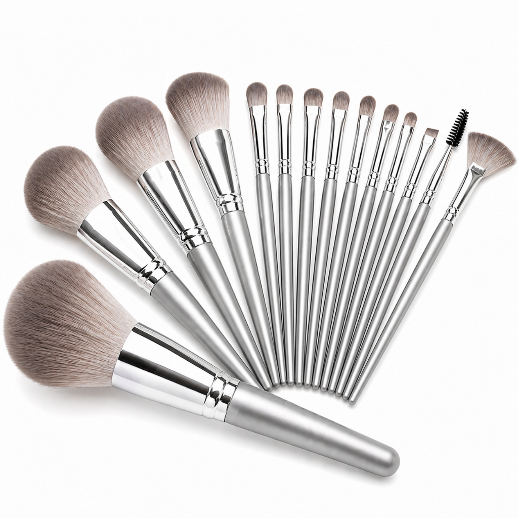 Kit 14 Pincéis de Maquiagem Profissional Macio Base Blush Sombra Prata