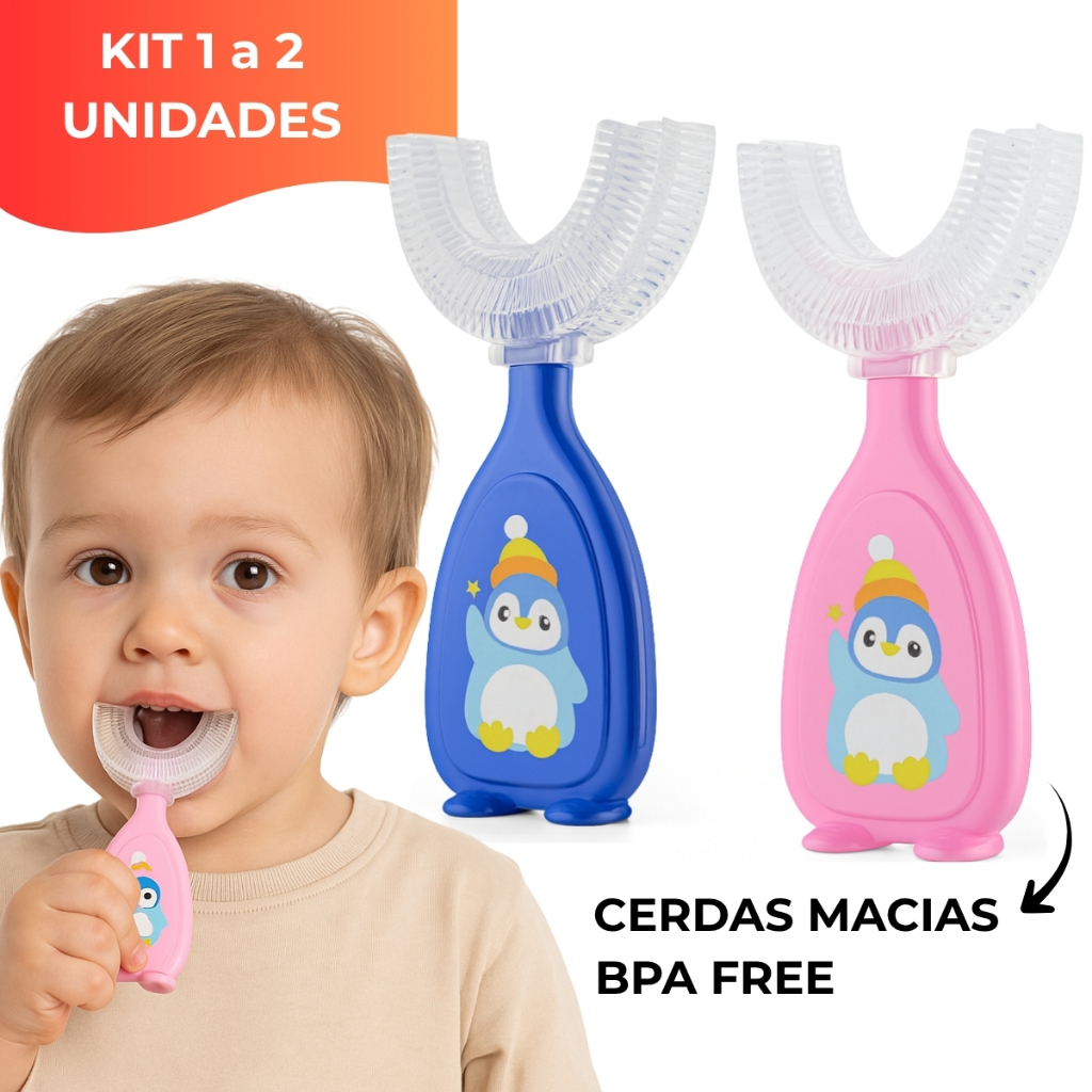 Kit 1 a 2 Escovas Dental Infantil Formato U 360° Silicone Cerdas Macias Bebê Criança Higiene Oral
