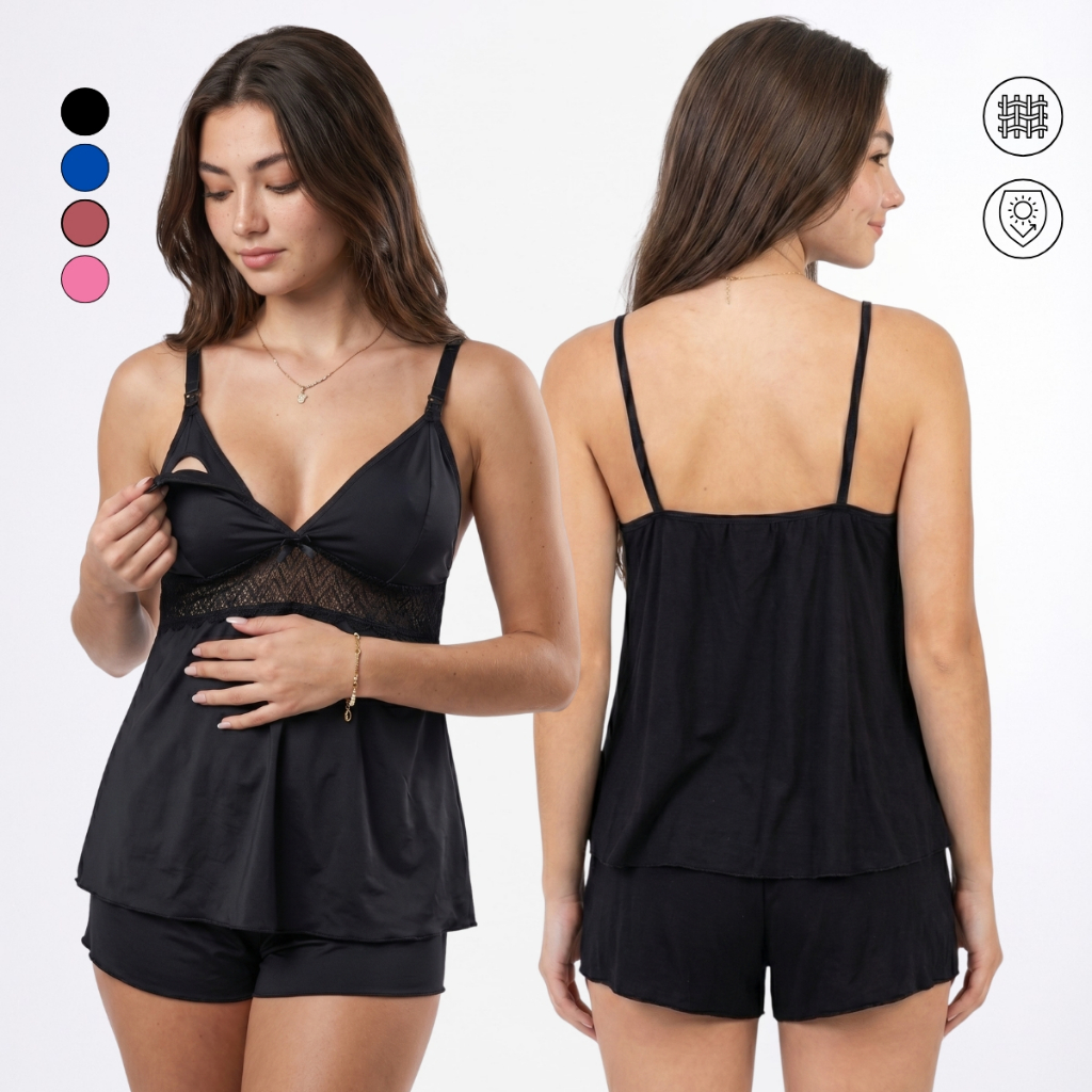 Baby Doll Com Click Abre Fácil Amamentação Microfibra Renda Gestante Pós Parto Lactante Pijama Feminino
