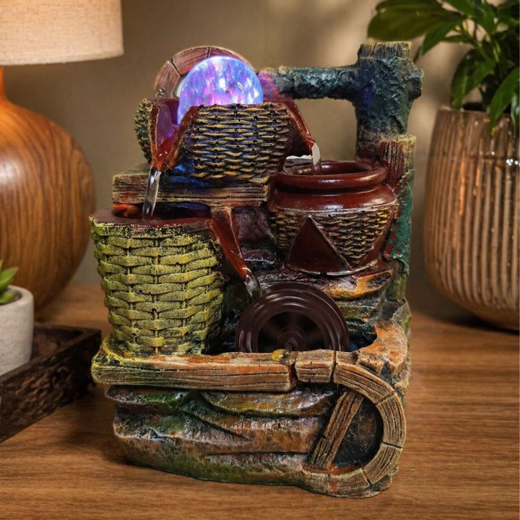 Fonte de Água Cascata Anfora Decorativa em Resina 3 Quedas Bola Roda Giratoria Bivolt