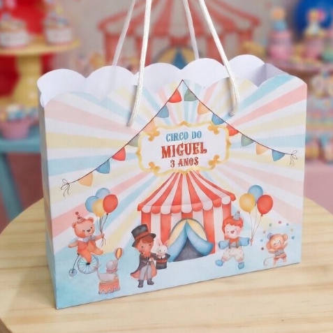 Sacolinhas Personalizadas Circo azul aquarela menino (G) | Lembrancinhas Festa Infantil Pegue e Monte