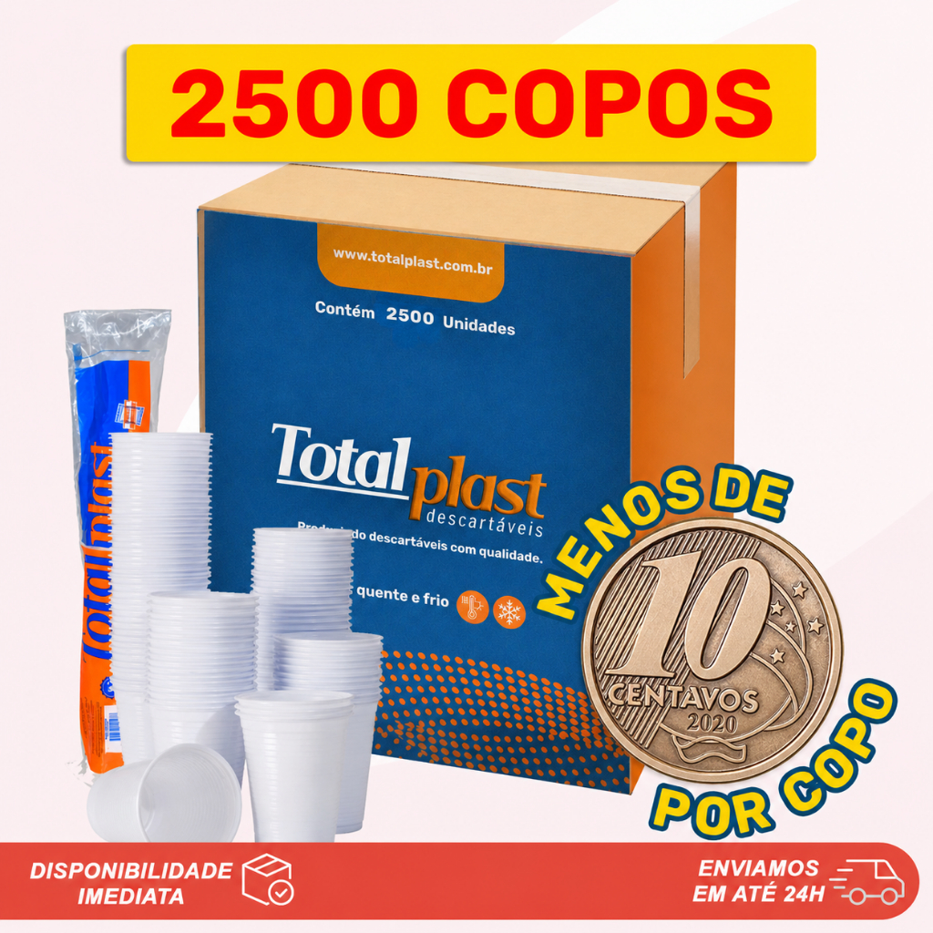Caixa 2500 Copos Descartáveis PS 200ml para Festas, Eventos, Igreja Totalplast Água, Refrigerante