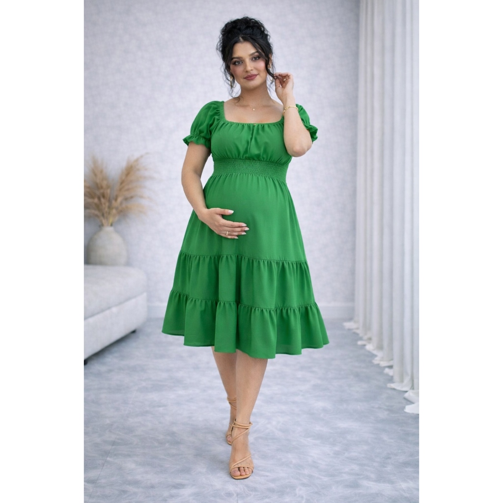 Vestido Midi Liso Para Gestantes Gravidas Confortável Elegante Roupas Femininas Camponesa Feminino Manga Curta Plus Size