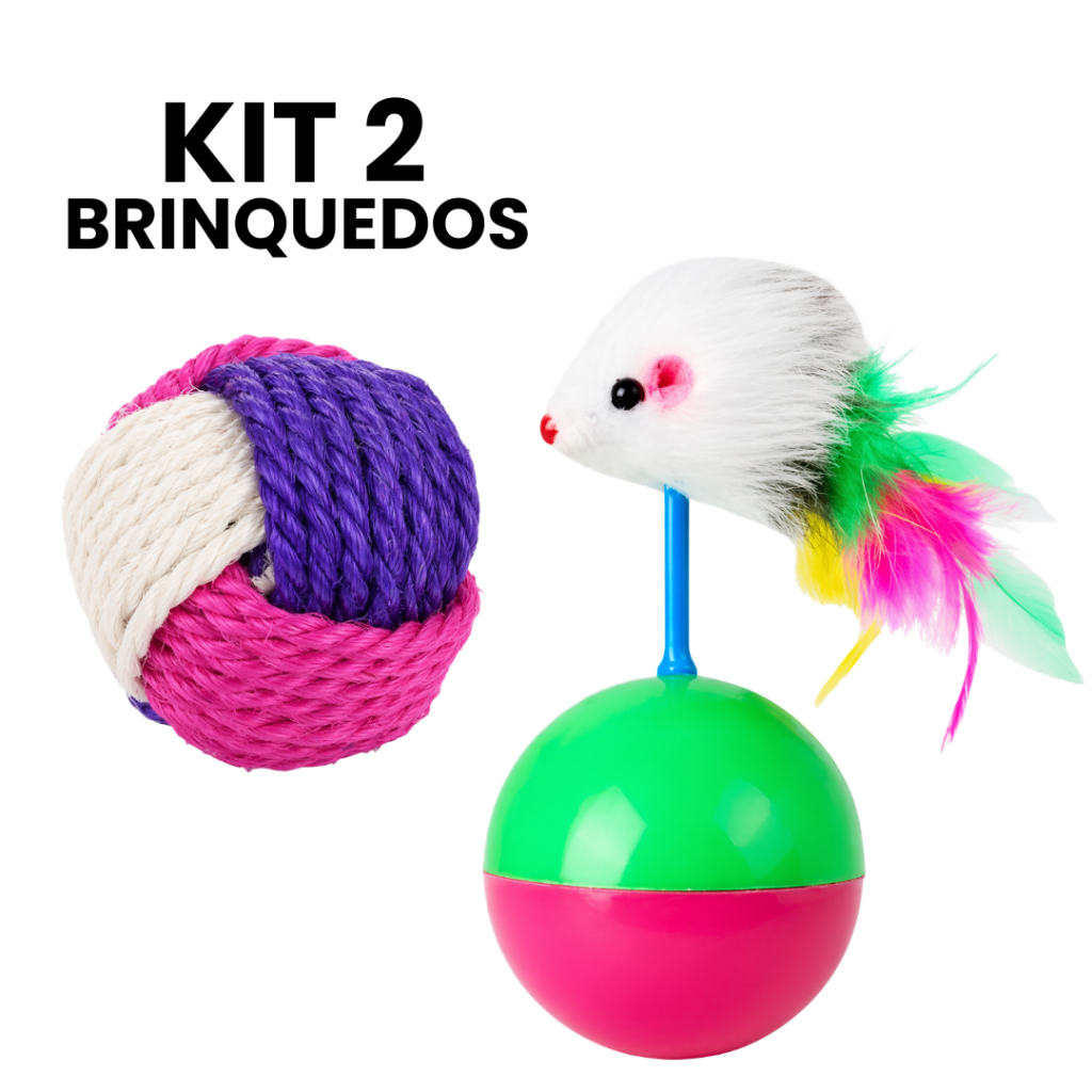 Kit Brinquedos para Gato Bola Sisal com Catnip + João Bobo com Pena