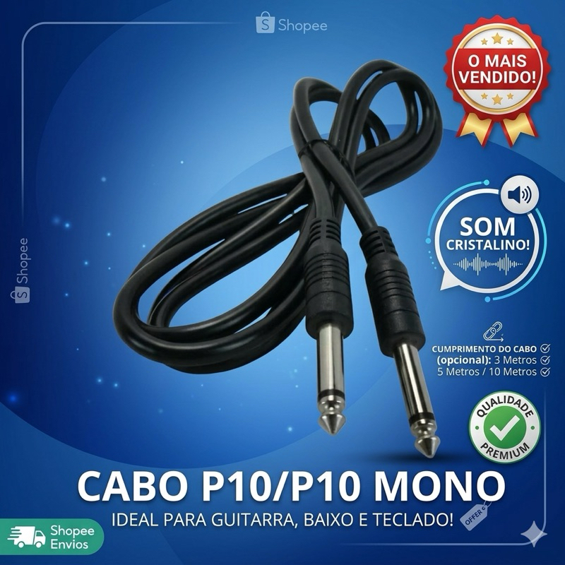 Cabo P10 P10 3M Para Guitarra Violão Contra Baixo Teclado Amplificador