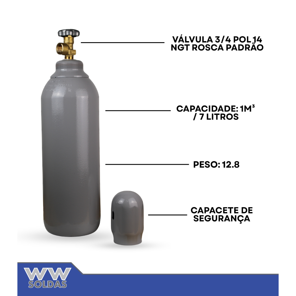 Cilindro de Nitrogênio 7 Litros 1m³ Com Válvula e Capacete Cinza