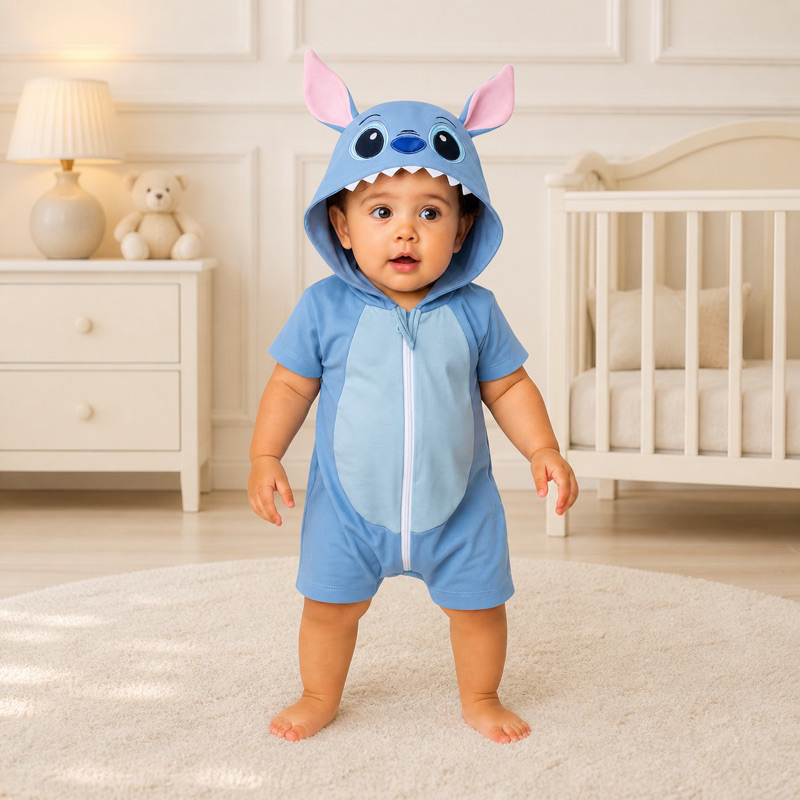 Macacão Bebê Stitc Infantil 100% Algodão Pijama Verão Roupa Curta com Capuz Menino Menina