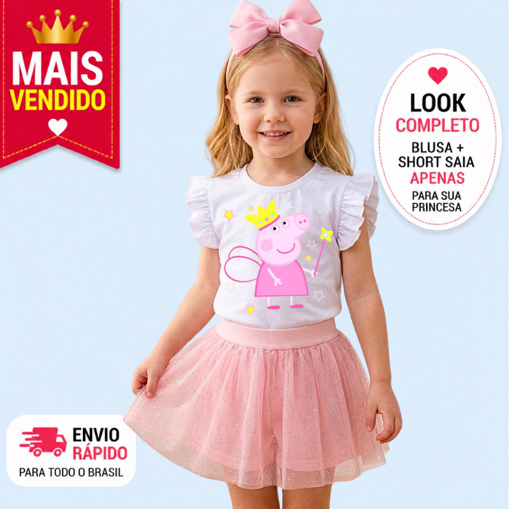Conjunto Infantil Peppa Fadinha estrelas ✨ Blusa Branca+ Short Saia em Tule Rosa bebe Brilhante | Look Encantador