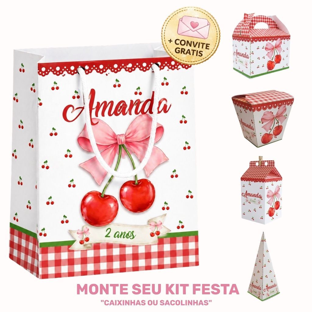 Kit Festa 10 Itens Cerejinha |  Sacolinhas ou Caixinhas | Personalizado | Brinde Convite