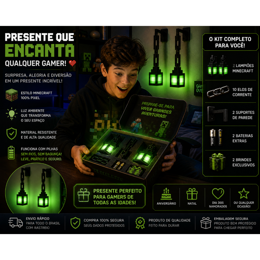 KIT 2 Mine PIXEL Luminária Abajur Lampião Suporte de parede e Corrente – Geek Gamer Brinquedo Lembrancinha