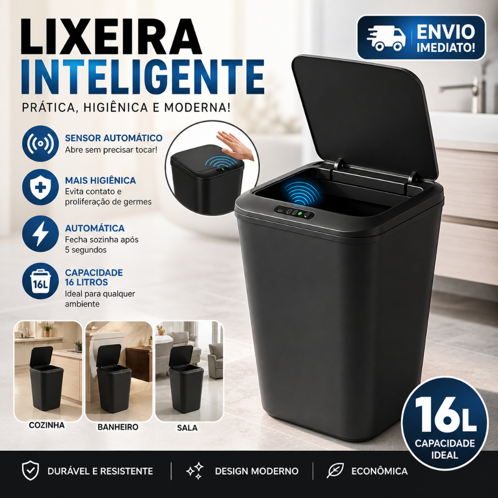 Lixeira Automática Inteligente com Sensor de -16L   Abertura Automática, Vedação Eficiente