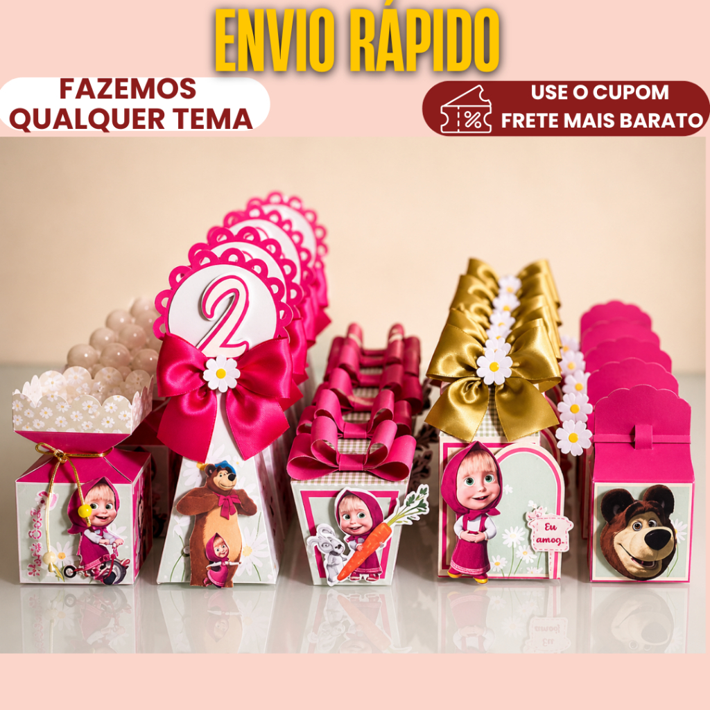Lembrancinha Personalizado Kit Clássico Masha e Urso |MONTADO, C/ LAÇO  E COM TAG 3D caixinha aniversário