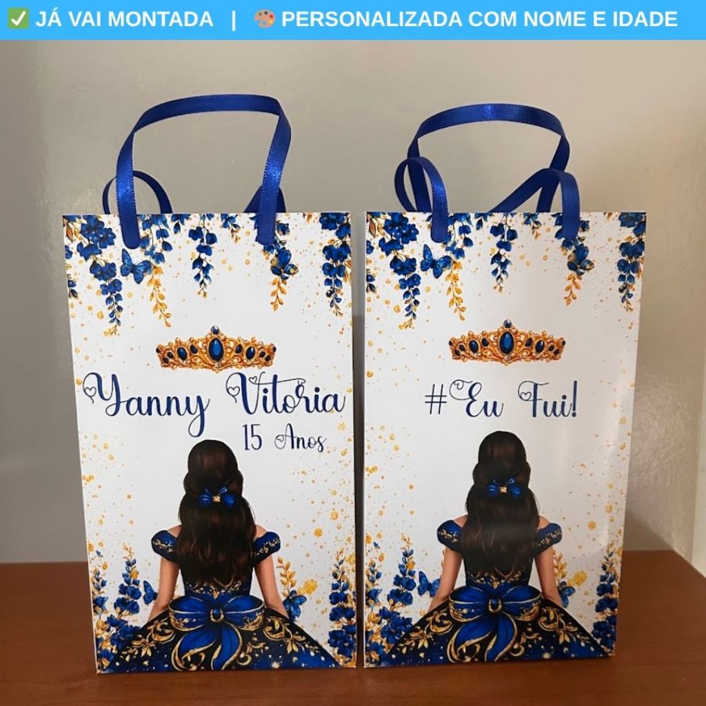 Sacolinha Surpresa Personalizada XV Anos 15 Anos Azul Royal e Dourado Lembrancinha Festa 17x10x4