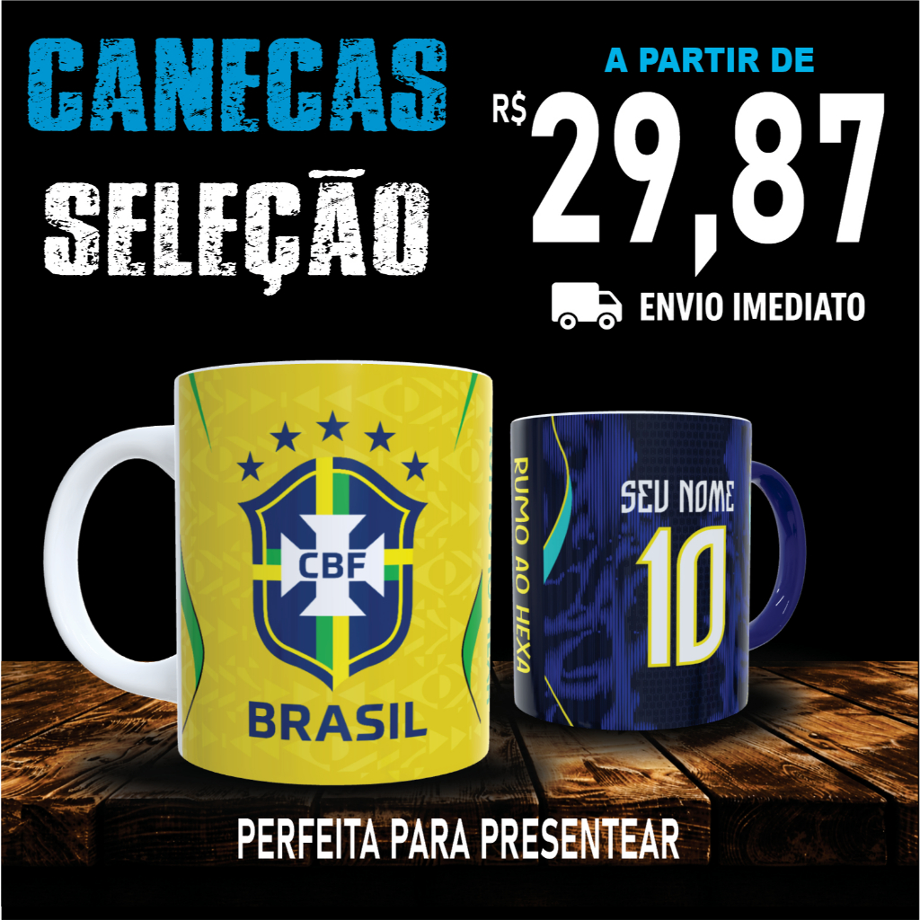 Caneca Seleção Brasileira Copa Do Mundo | SEU NOME ESTAMPADO | Personalizada de Porcelana