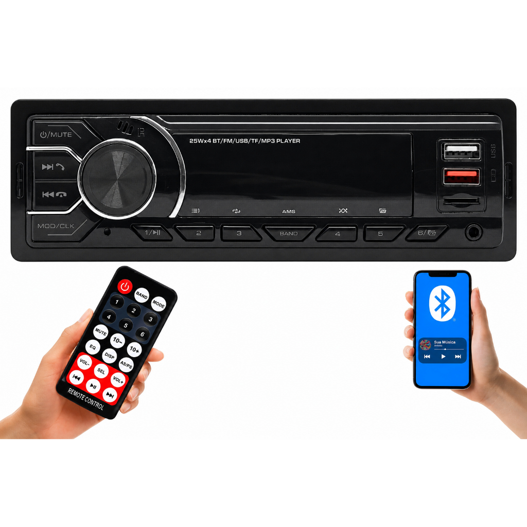 Rádio MP3 Som Automotivo Bluetooth 1 Din com USB, Leitor de Cartão de Memória SD