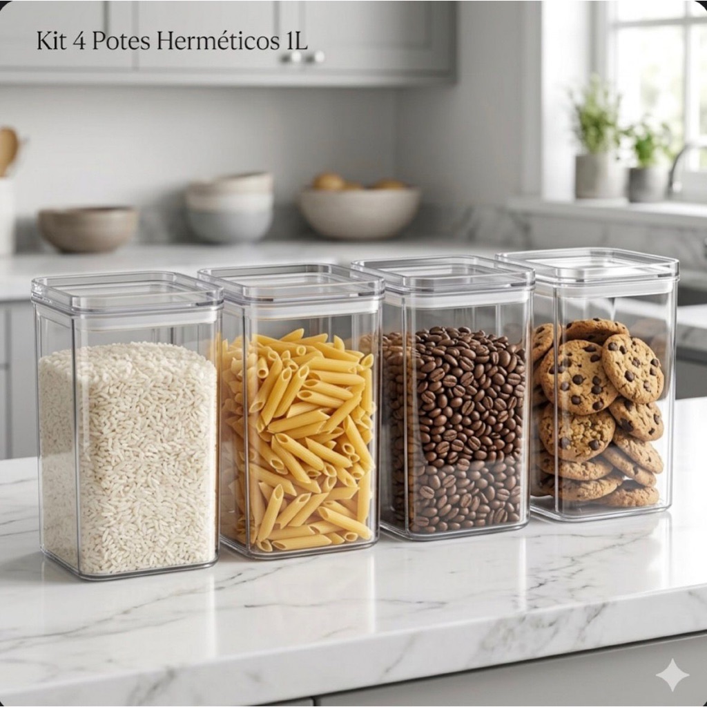Kit 4 Potes Herméticos 1 Litro - LIVRE BPA Organizador com Tampa para Alimentos, Empilhável, Vedação