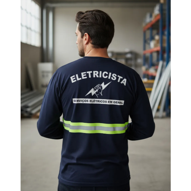 Camiseta Uniforme Eletricista Manga Longa Faixa Refletiva Pv