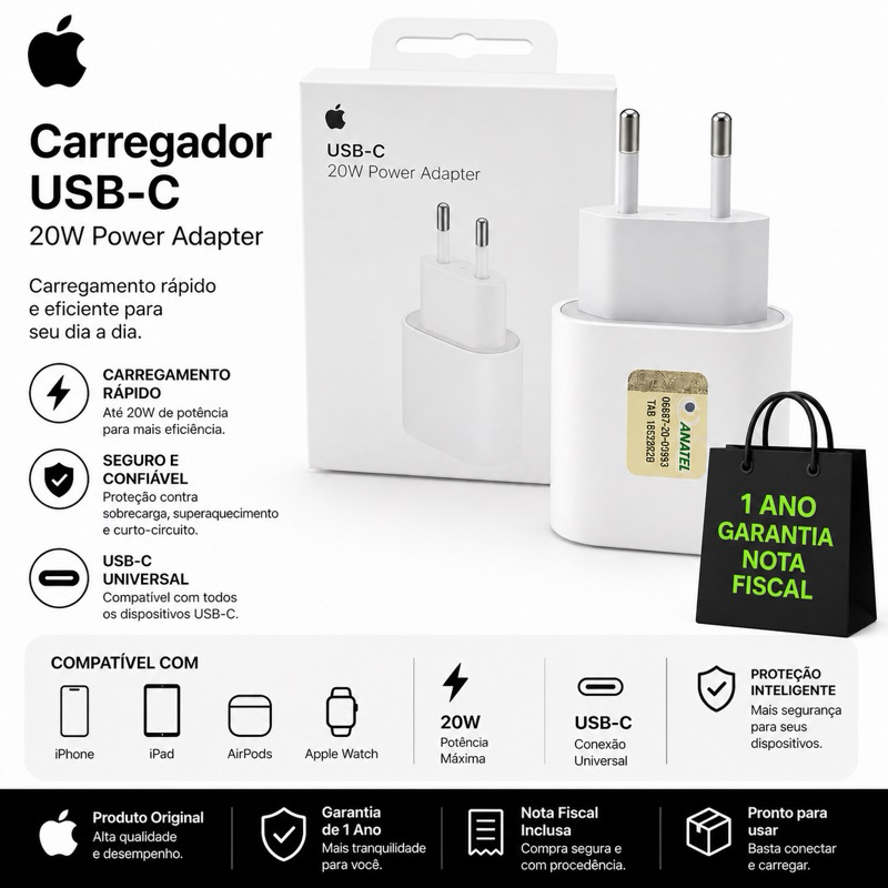 Carregador Original Fonte Apple Turbo iPhone iPad USB-C 20W Power Adaptador