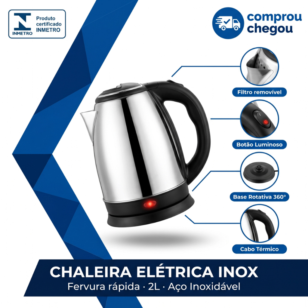 Chaleira Elétrica Inox 2 Litros Bivolt 110/220V Ferve Rápido com Base Giratória 360° e Auto Desligamento