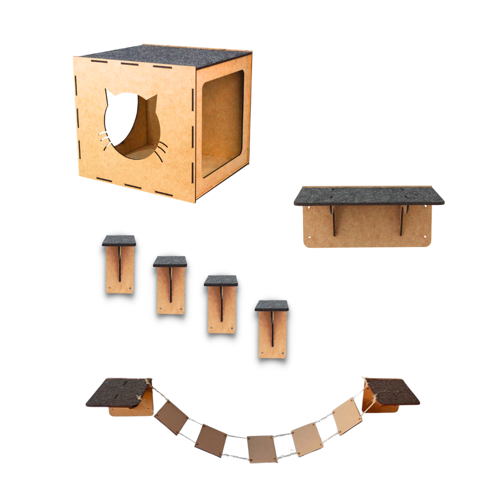 Playground para Gatos 7 Peças Brinquedo Pet com Carpete Ponte Degraus Prateleira Nicho Parquinho