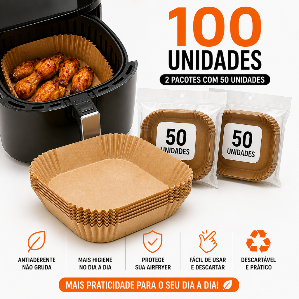 Forma Airfryer Papel 100 Unidades 20x20 Antiaderente Descartável Quadrada