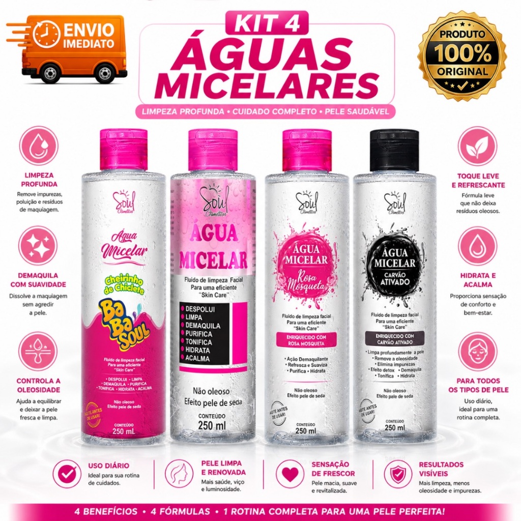 Kit 4 Água Micelar 250ml Limpeza Completa