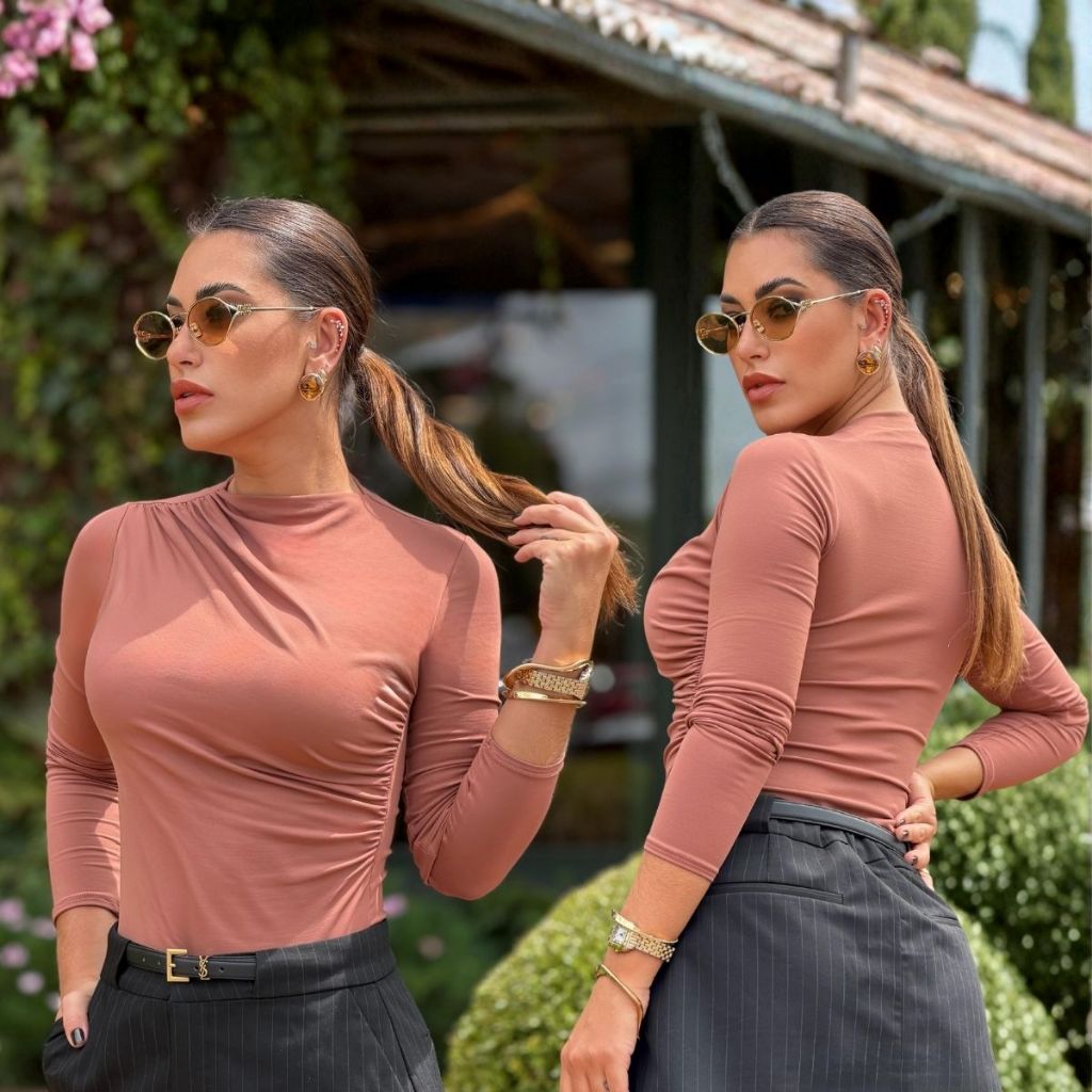 Body Feminino Manga Longa Gola Alta Drapeada Poliamida Premium Elegante