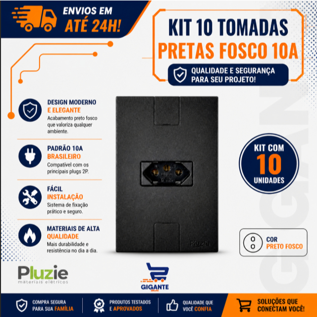 Kit 10 Conjunto Embutir 4x2 1 Tomada Preto Fosco 2p+t 10A Pluzie 250v
