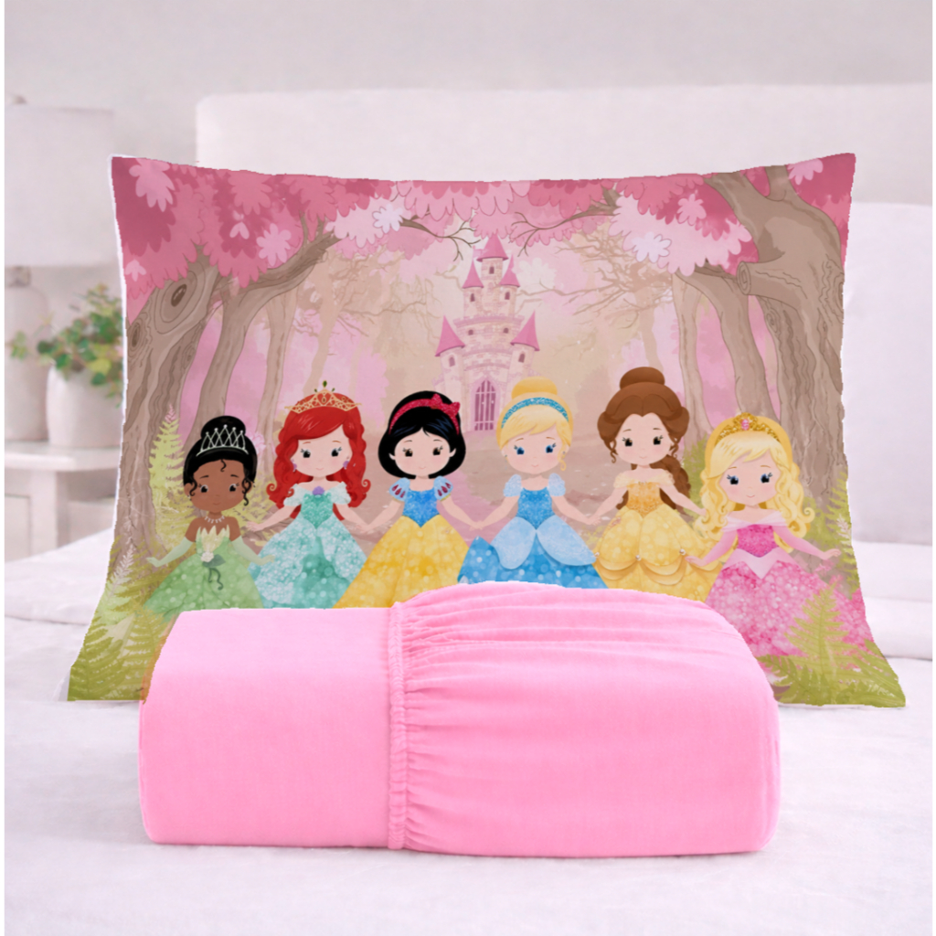 JOGO DE  LENÇOL SOLTEIRO INFANTIL  PRINCESAS CASTELO  3 PEÇAS  400 FIOS MICROPERCAL