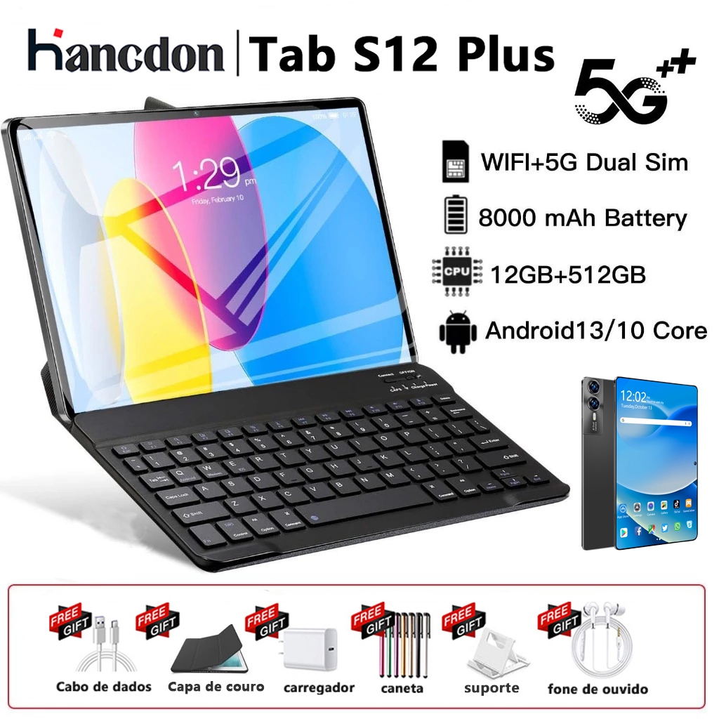 【Teclado e mouse gratuitos】Tablet S12 Plus 12.8 polegadas HD Android 14 RAM 512GB 12GB coFunda Cor CinzaEscuro 10000mA